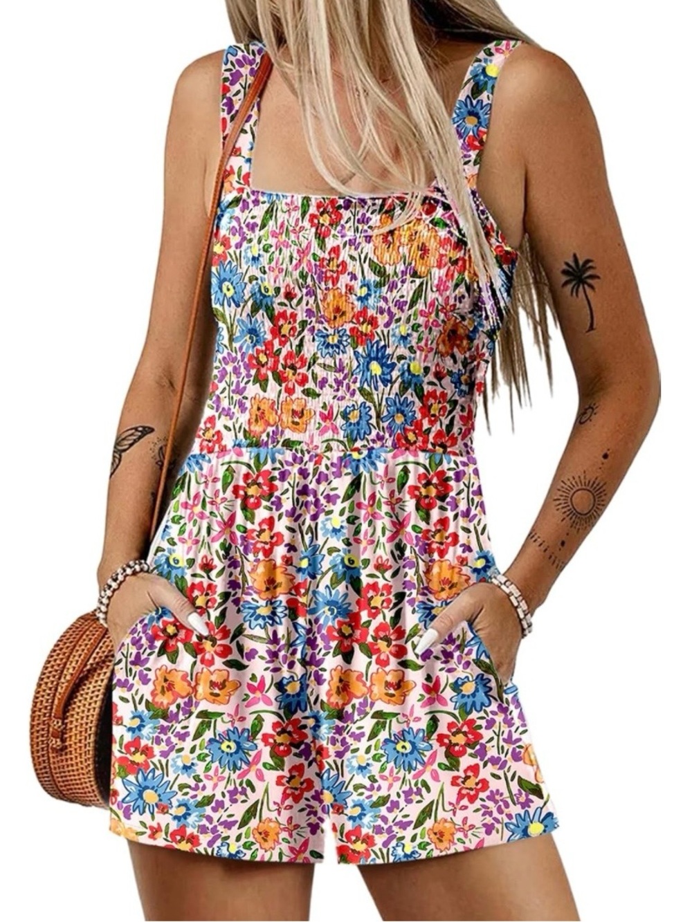 Floral Smocked Romper - White Multicolor